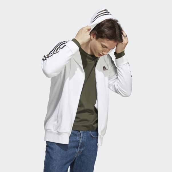 Sweat à Capuche Zippé à 3 Bandes Adidas Essentials French Terry Blanc