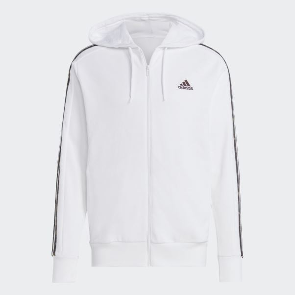 Sweat à Capuche Zippé à 3 Bandes Adidas Essentials French Terry Blanc