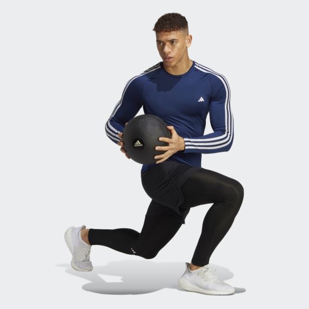 Adidas Techfit 3-stripes Training T-shirt Manches Longues Bleu Foncé