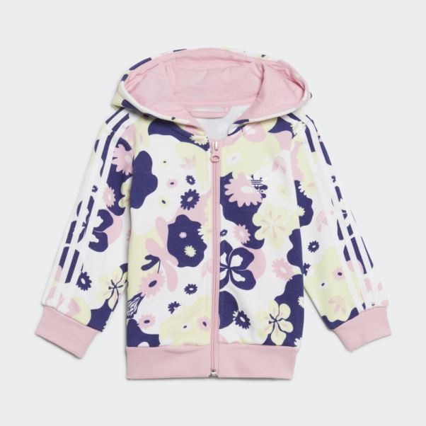 Ensemble Adidas Blanc à Capuche Et Fermeture éclair à Fleurs