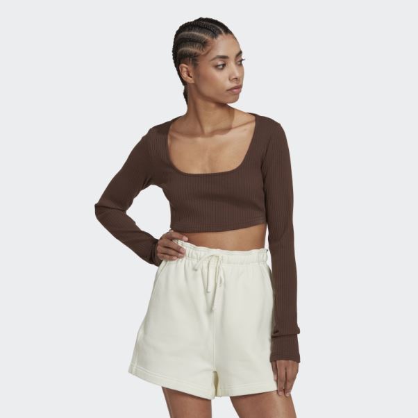 Adidas Studio Lounge T-shirt Court Côtelé à Manches Longues Marron