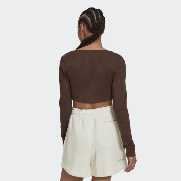 Adidas Studio Lounge T-shirt Court Côtelé à Manches Longues Marron