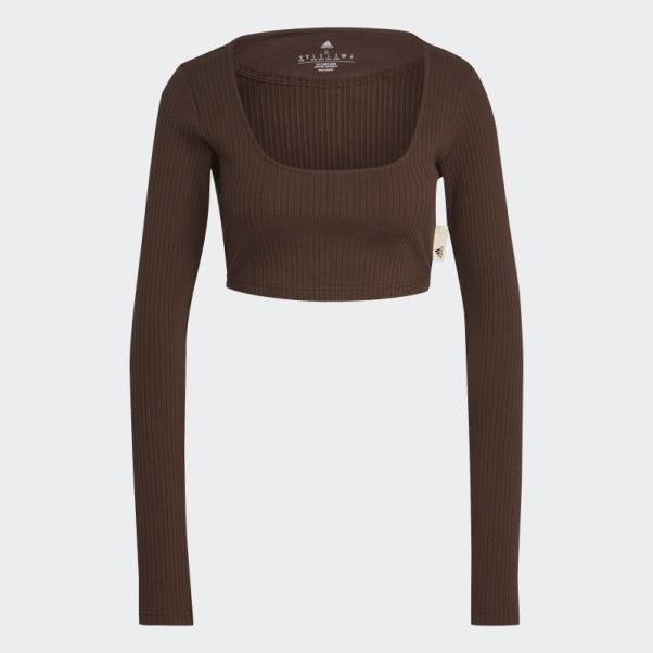 Adidas Studio Lounge T-shirt Court Côtelé à Manches Longues Marron
