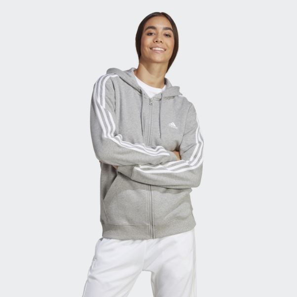 Sweat à Capuche Regular Zip Intégral En Molleton à 3 Bandes Essentials Gris Moyen Adidas