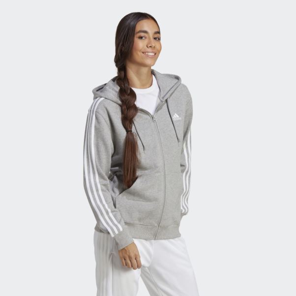 Sweat à Capuche Regular Zip Intégral En Molleton à 3 Bandes Essentials Gris Moyen Adidas