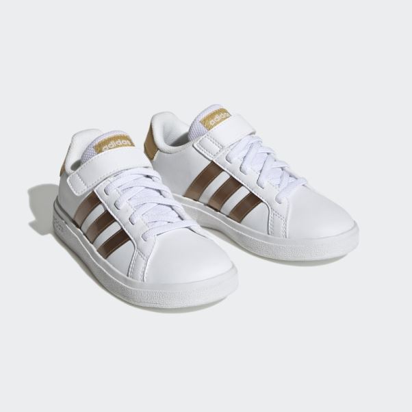 Adidas Grand Court Durable Lifestyle Court Chaussures à Lacets élastiques Et Sangle Supérieure Or Mat