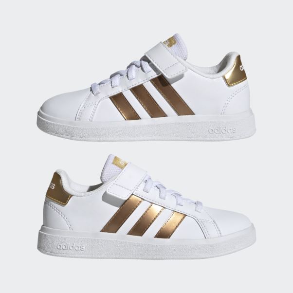 Adidas Grand Court Durable Lifestyle Court Chaussures à Lacets élastiques Et Sangle Supérieure Or Mat