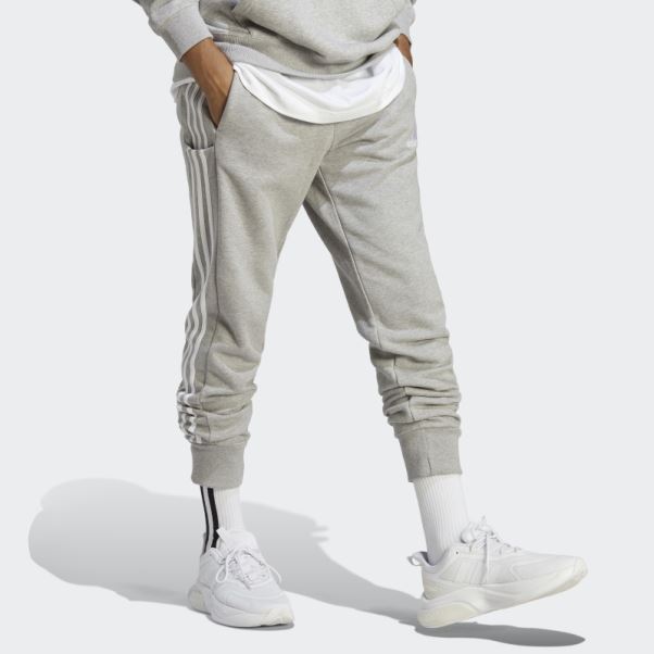 Adidas Pantalon Gris Moyen En Molleton Fuselé à 3 Bandes Adidas