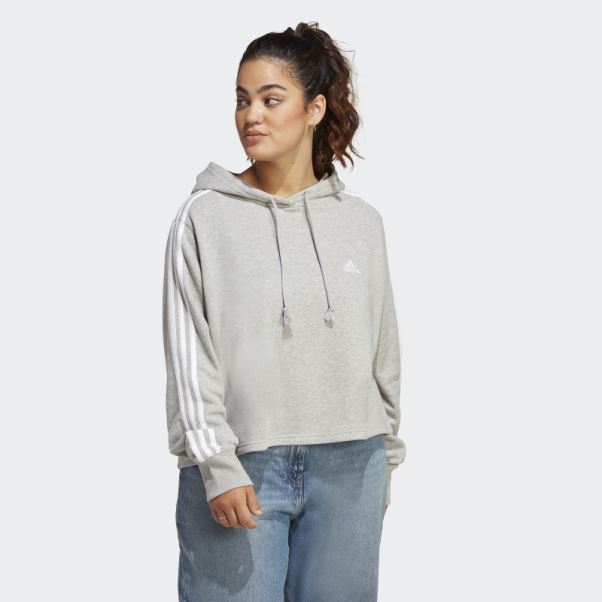Sweat à Capuche Court En Molleton à 3 Bandes Essentials (taille Plus) Adidas Gris Moyen