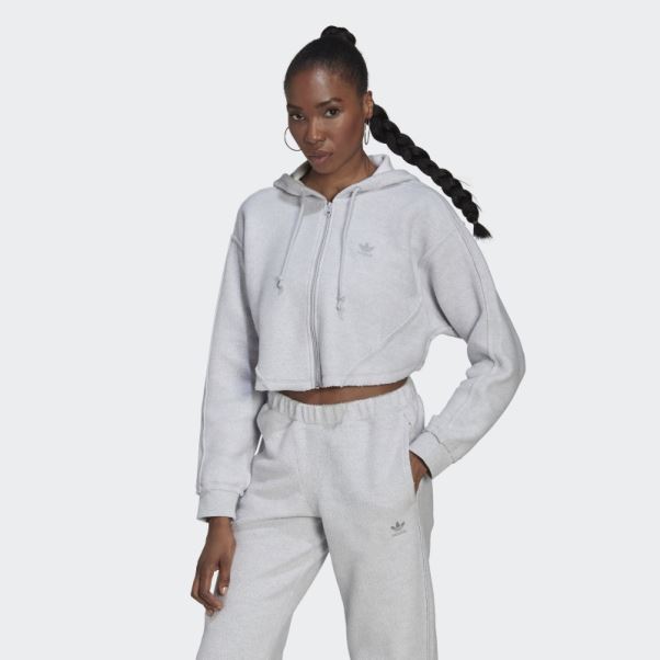 Sweat à Capuche Court Zippé Loungewear Adidas Gris Clair Chiné