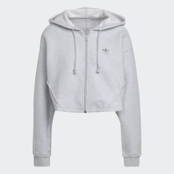 Sweat à Capuche Court Zippé Loungewear Adidas Gris Clair Chiné