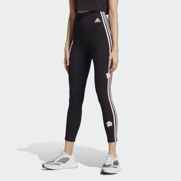 Legging Taille Haute En Coton Noir à 3 Bandes Avec Empiècements De Fleurs En Chenille Adidas