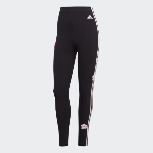 Legging Taille Haute En Coton Noir à 3 Bandes Avec Empiècements De Fleurs En Chenille Adidas