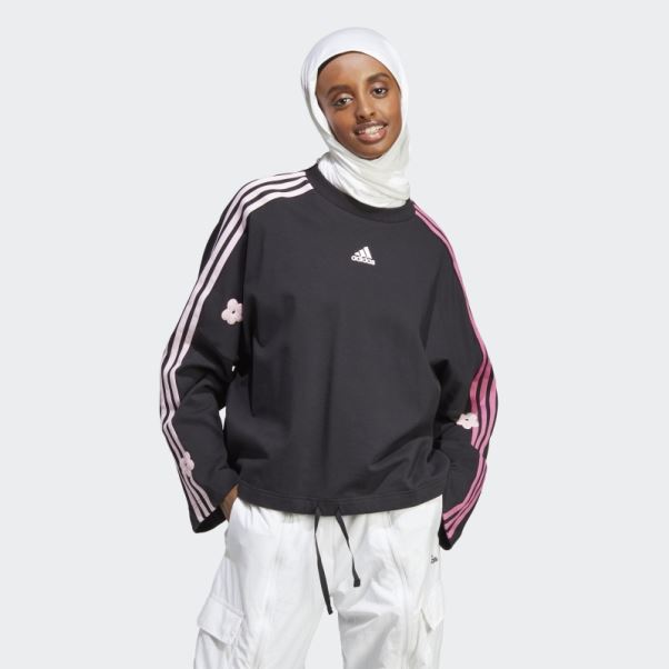 Sweat 3 Bandes Avec Patchs Fleurs Chenille Adidas Noir