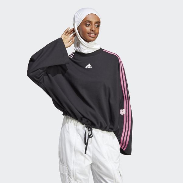 Sweat 3 Bandes Avec Patchs Fleurs Chenille Adidas Noir