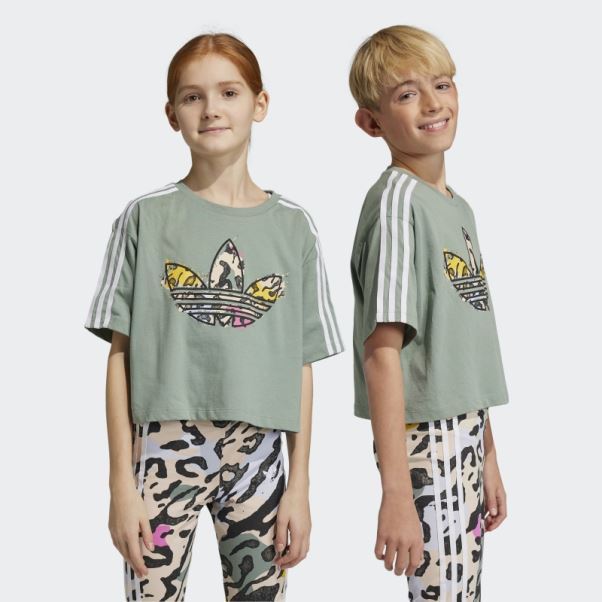 T-shirt Crop Imprimé Animal Adidas Vert Argent