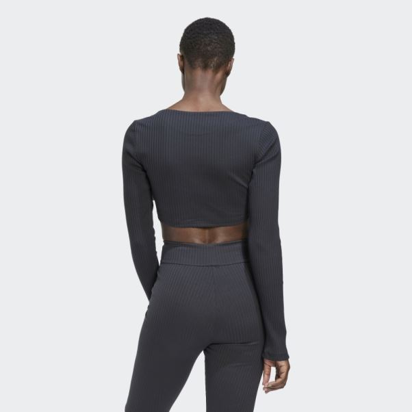 Studio Lounge T-shirt Court Côtelé à Manches Longues Adidas Carbone
