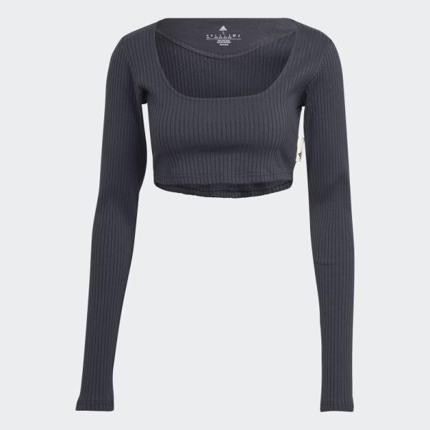 Studio Lounge T-shirt Court Côtelé à Manches Longues Adidas Carbone