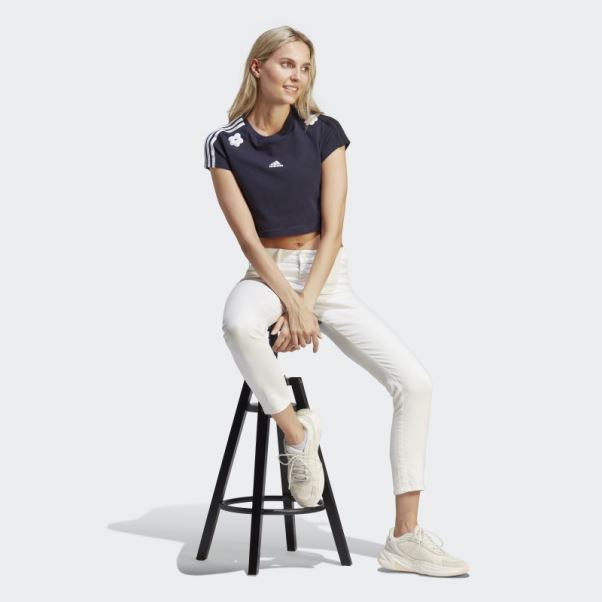 Encre Adidas T-shirt Court à 3 Bandes Avec Patchs De Fleurs En Chenille
